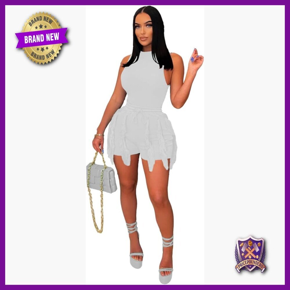 Women's Summer 2-Piece Outfit Sleeveless Top High-Waist Shorts Tassel Fringe